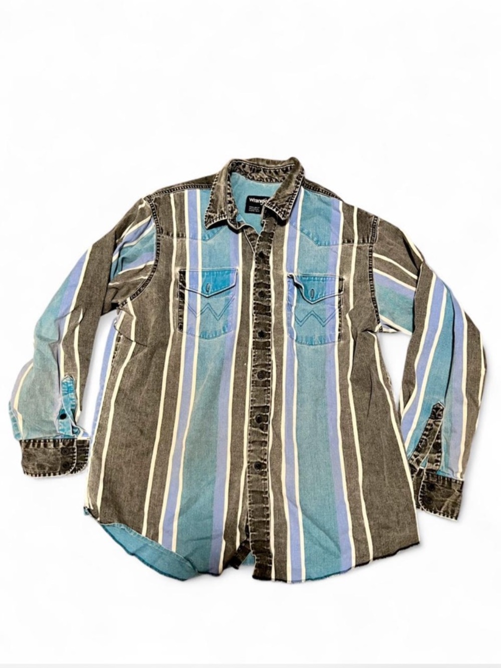 Vintage Wrangler Brush popper Striped Button-Down Shirt in Teal, Blue & grey